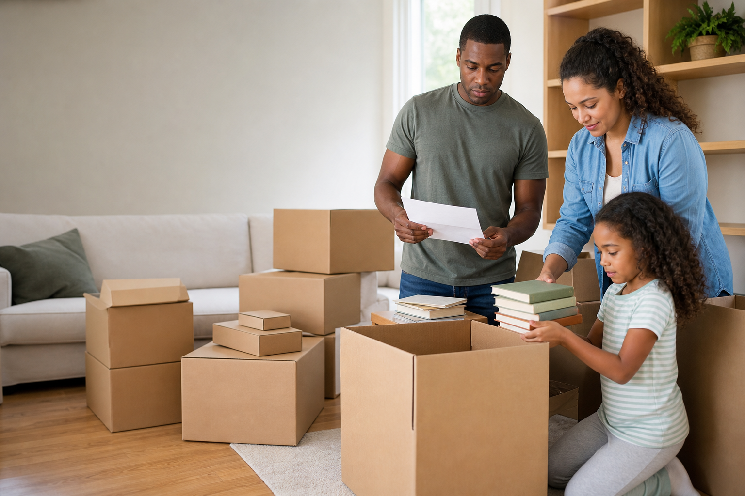 Family packing books for a relocation